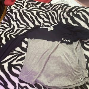 navy blue and gray with white letters long sleeve shirt hardly worn
